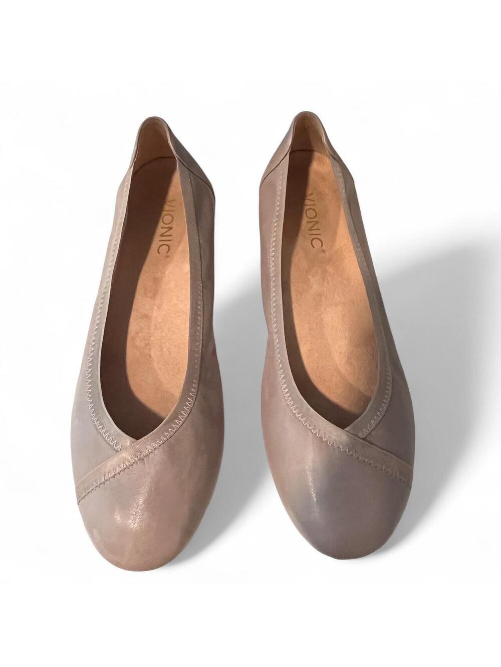 Vionic Carroll Ballet Flat Soft Leather Satin Elastic Crossover W 10 Taupe Gray